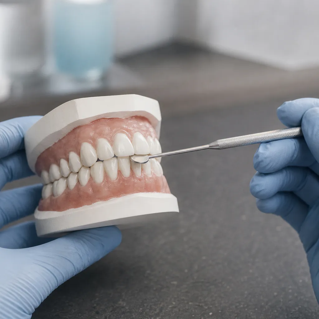 Modelo dental sostenido por manos con guantes durante una orientación sobre alineación