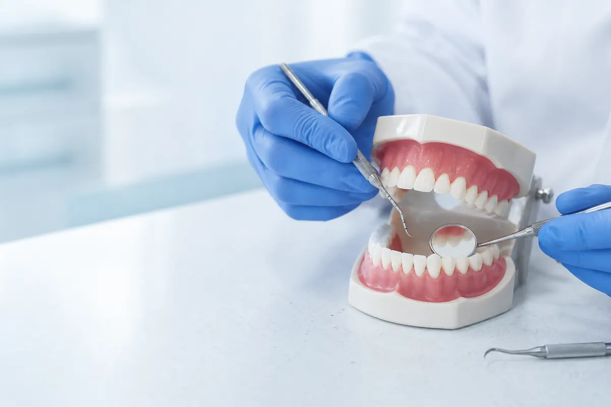 Modelo dental examinado con espejo e instrumental de revisión general.