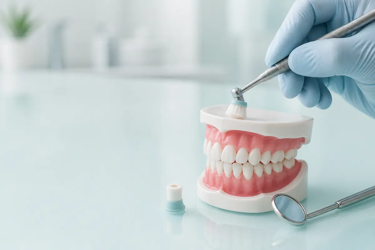 Modelo dental y copa de pulido preparados para una limpieza.