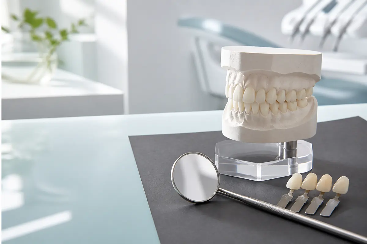 Modelo dental, espejo y guía de tonos en una valoración de odontología estética.