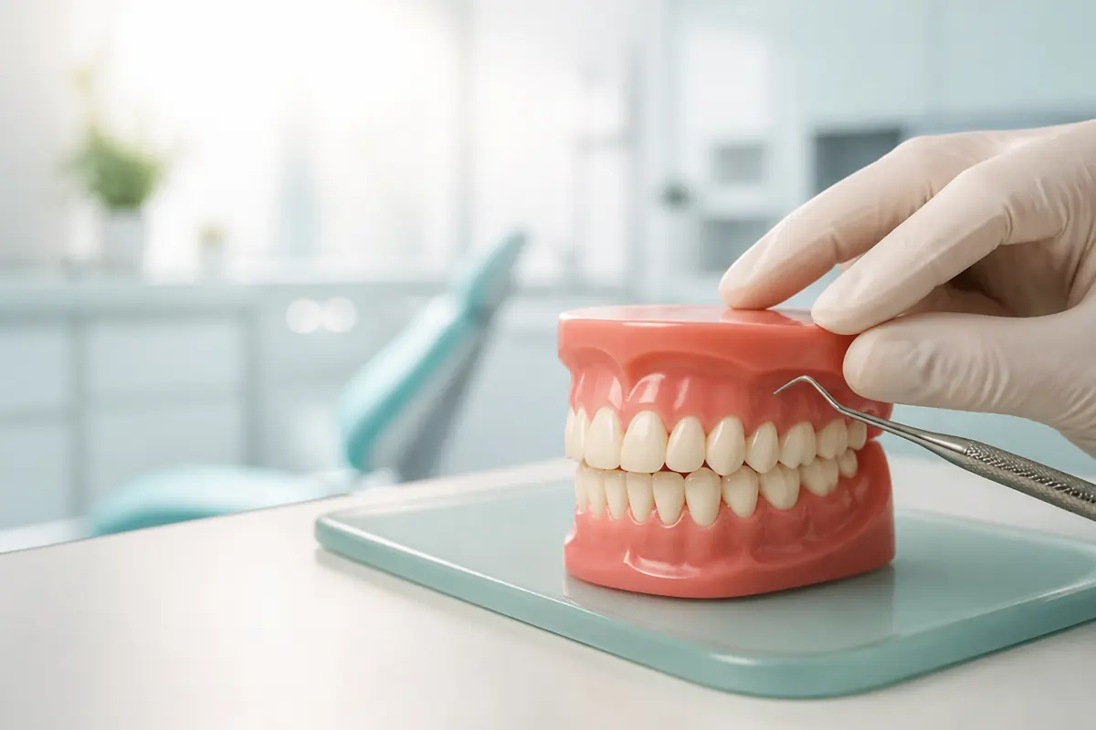 Modelo dental con encías visibles durante una revisión visual del margen gingival.