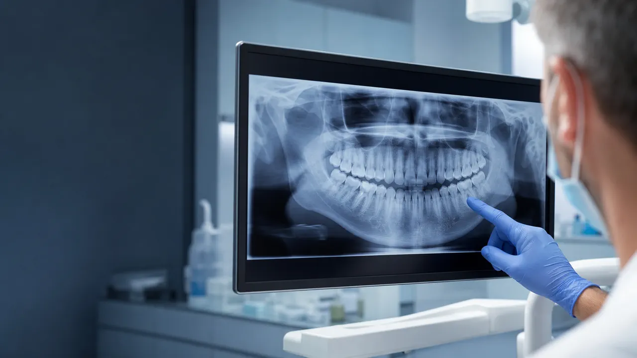 Radiografía dental revisada en una pantalla clínica.