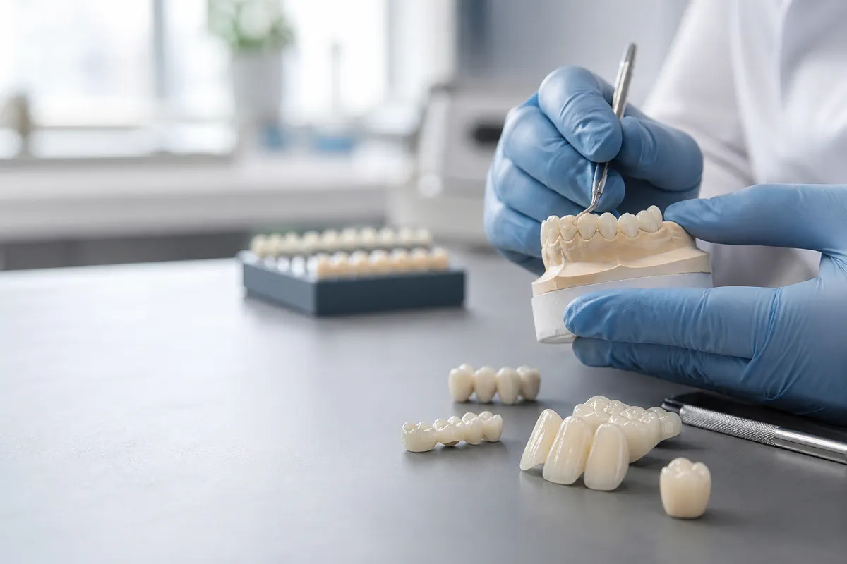Modelo dental con piezas de restauración sobre una mesa de trabajo clínico.
