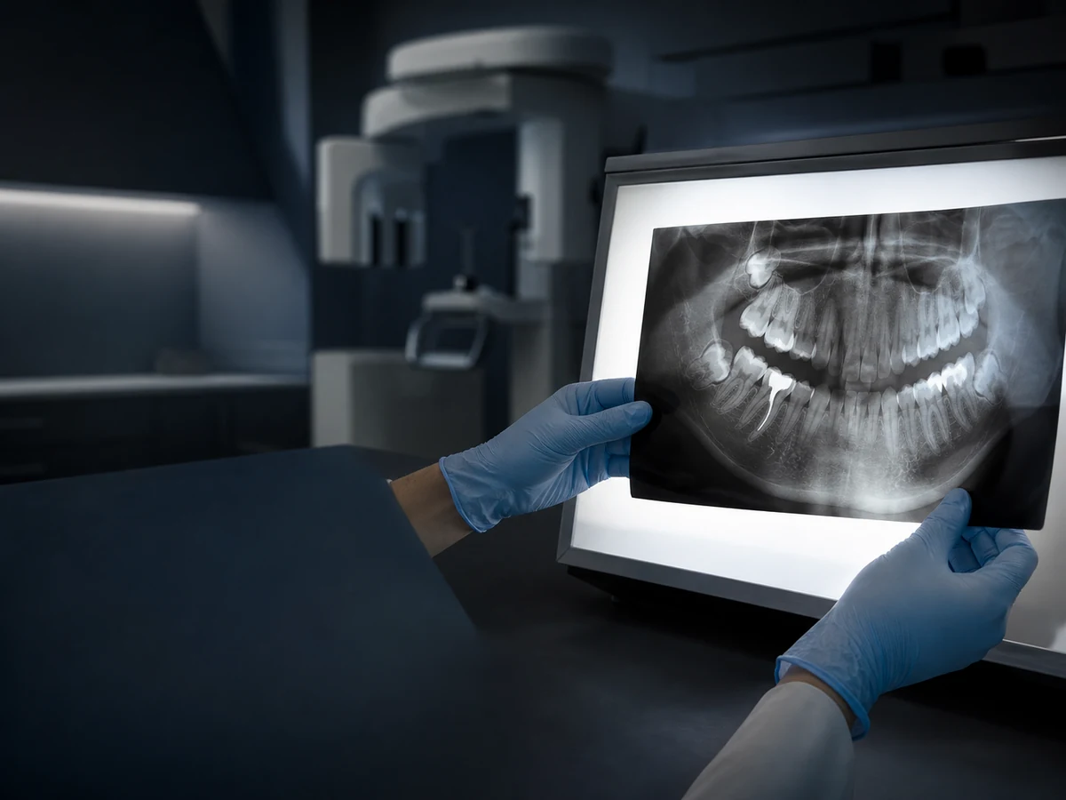 Radiografía dental revisada sobre una superficie iluminada en un entorno clínico.